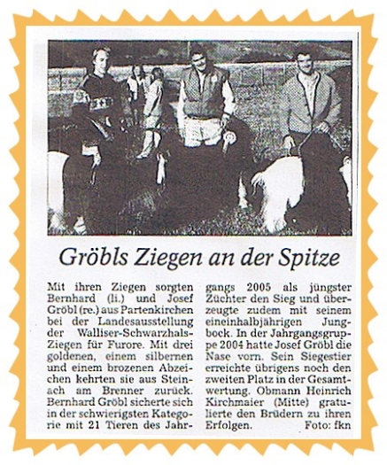 Zeitungsartikel über die Erfolge der Schwarzhalsziegenzucht Josef und Bernhard Gröbl